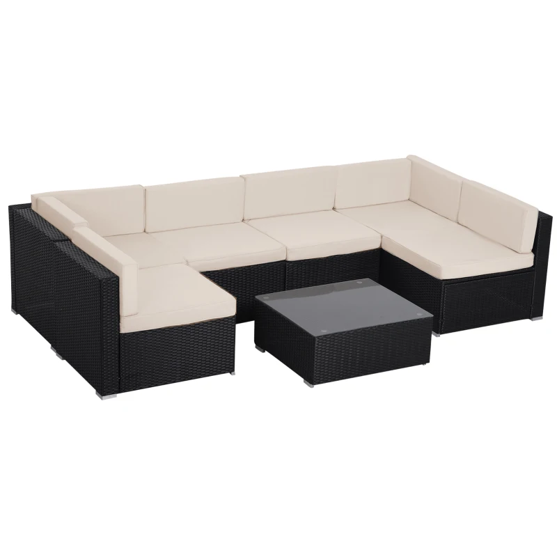 Outsunny 7 Pieces Patio Furniture Set, Outdoor Garden Sofa Set Sectional Set All Weather Rattan Conversation Set, Black Khaki