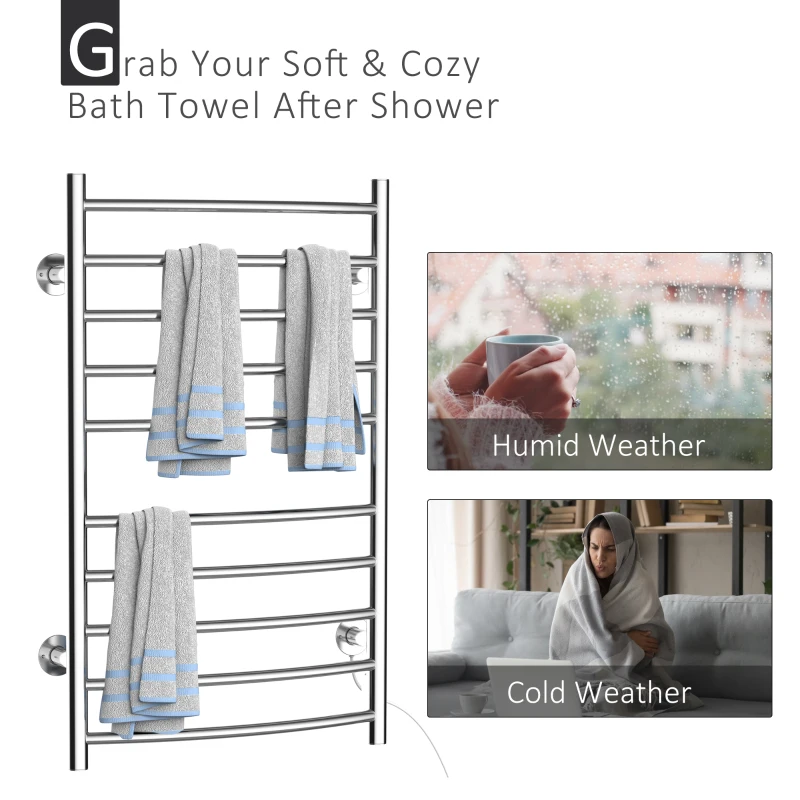 HOMCOM 10-Bar Curved Towel Warmer Wall Mounted Electric Heated Shelf Stainless Steel Home Bathroom Towel Drying Rack, (20.75"Wx5.5"Dx34.25"L)