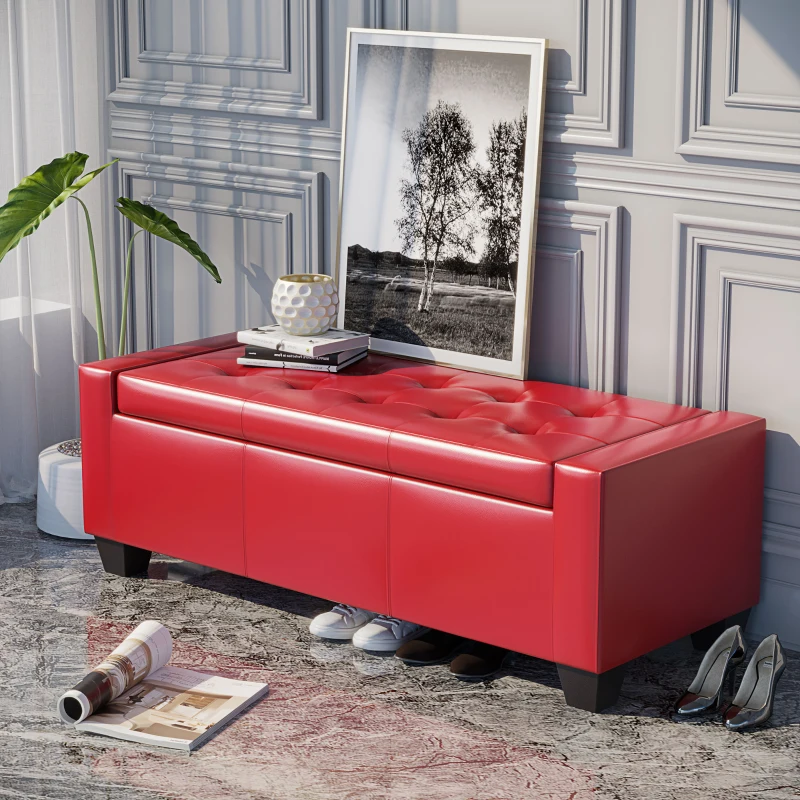 HOMCOM 50.5" Faux Leather Rectangular Tufted Storage Ottoman, Bright Red