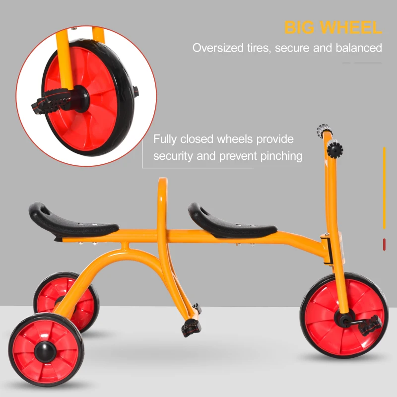 Qaba Kids Tandem Tricycle 3 Wheels Toddler Bike Trike Baby Boys Girls w/ Double Seats Outdoor & Indoor for 3-5 Years Old Yellow