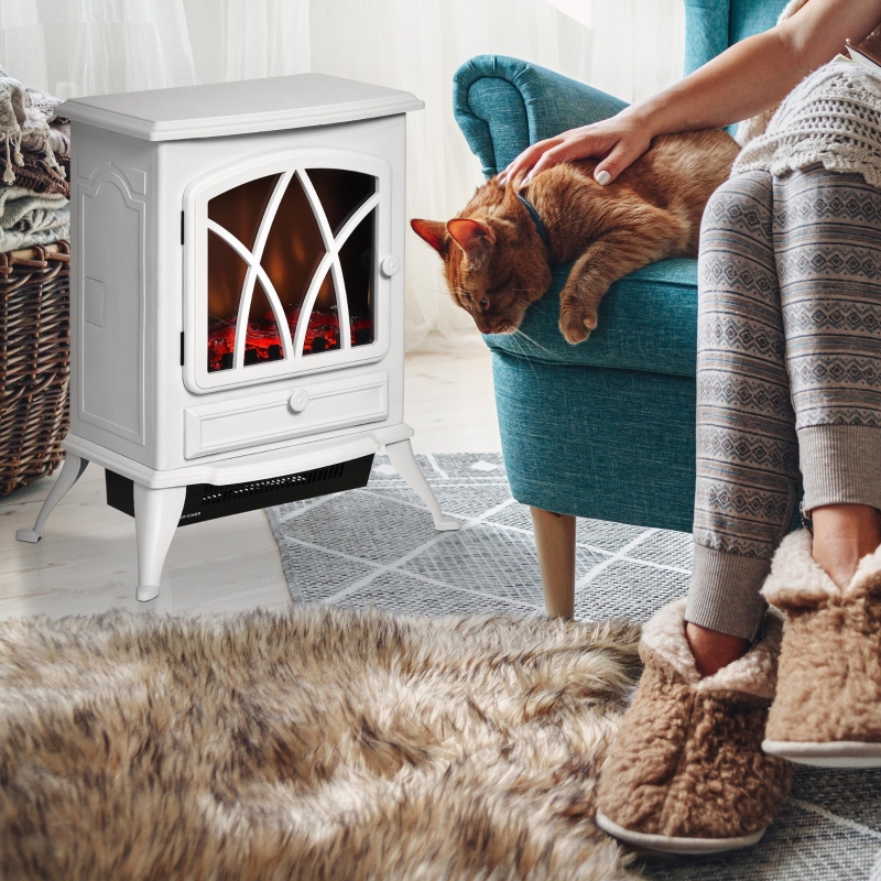 HOMCOM Free Stand Electric Fireplace Stove Heater with Adjustable LED Flame Effect and Front Door, 750W/1500W, White