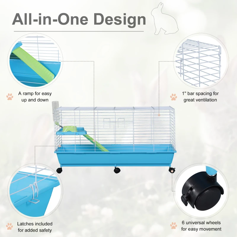PawHut Small Animal Cage Pet Rabbit Guinea Pig Home Habitat Hutch Play House Rolling with 6 universal wheels, water bottle, ramp, food dish,  White/Blue