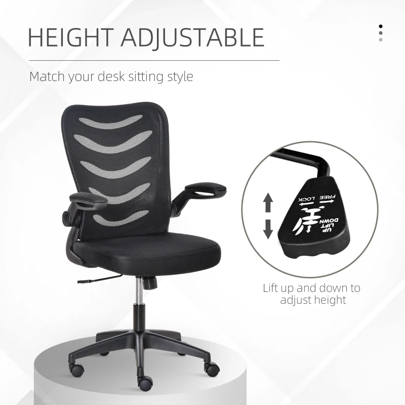 Vinsetto Mid Back Office Chair, Mesh Computer Desk Chair with Lumbar Back Support, Flip-up Arm, Adjustable Height, Black B