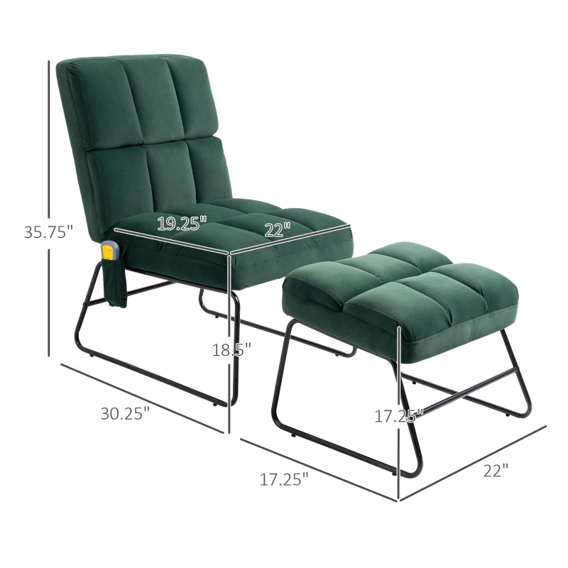 HOMCOM Accent Chair with Ottoman, Velvet Club Chair with Vibration Massage, Remote Control and Metal Legs for Living Room, Bedroom, and Home Office, Green