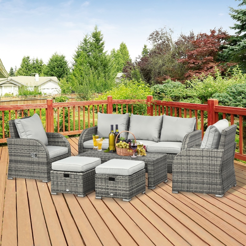 Outsunny 6pc Wicker Sectional Set Cushioned Outdoor Rattan 3-Seat Sofa, 2 Adjustable Recliners, 2 Footstools & Table Set Patio Furniture Light Grey