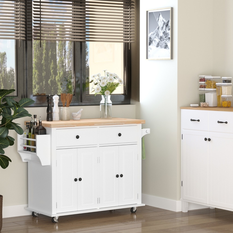 HOMCOM Rolling Kitchen Island Trolley Cart Spice Rack Towel Rack Drawer Wood Top White