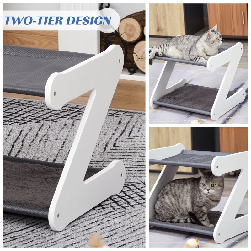 PawHut Two Tier Cat Bed for Indoor Living Room Pet Furniture Kitty Small Dog House Z Shaped with Padded and Plush Mat Grey
