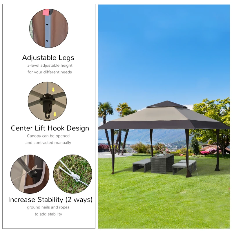 Outsunny 13' x 13' Outdoor Pop-Up Party Tent Canopy with Top Vent, 3-Level Adjustable Height, and Roller Bag, Khaki