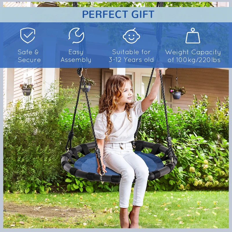 Outsunny 23.5 Inch Saucer Tree Swing, Outdoor Flying Swing for Kids with Adjustable Hanging Ropes, Metal Frame, Breathable Mesh, Blue