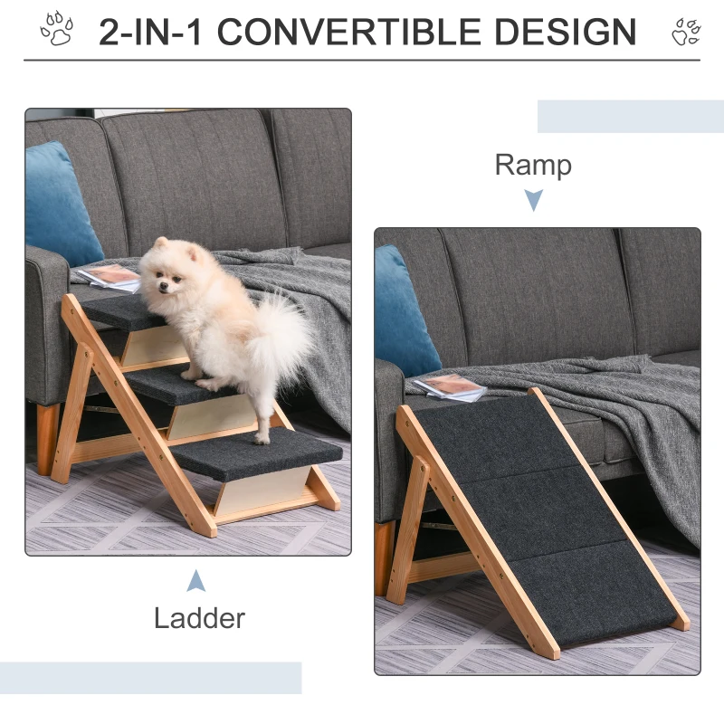 PawHut Wood Pet Stairs 2 In 1 Convertible Dog Steps and Carpeted Ramp Portable Foldable 3 Level Cat Ladder for High Bed Couch Car