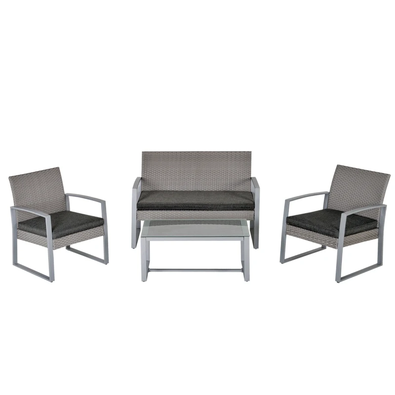 Outsunny 4 Pieces Patio Furniture Set, PE Rattan Wicker Sofa Set Outdoor Conversation Furniture Lawn Patio Coffee Table w/Cushion, Grey