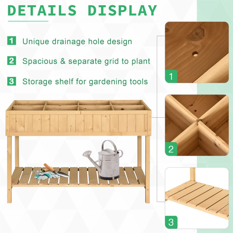 Outsunny 43.25" x 18" x 30" Raised Garden Bed, Wooden Plant Stand with 8 Grid Box, Storage Shelf for Outdoor, Natural Wood Colour