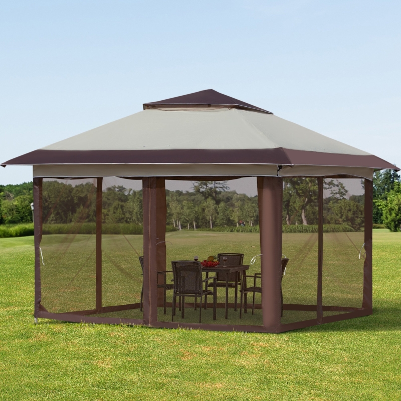 Outsunny 12' x 12' Heavy Duty Pop Up Canopy with Center Lift Hook Design, Mesh Sidewall Netting, 3-Level Adjustable Height and Storage Bag, Beige