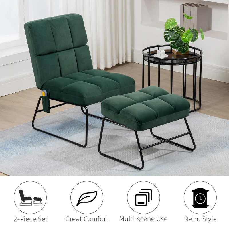 HOMCOM Accent Chair with Ottoman, Velvet Club Chair with Vibration Massage, Remote Control and Metal Legs for Living Room, Bedroom, and Home Office, Green