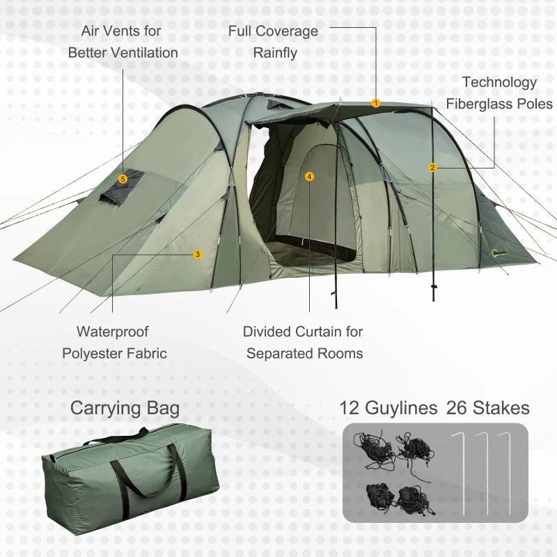 Outsunny Camping Family Tent 5-Person 2 Room with Carrying Bag Waterproof Rainfly Easy Set Up for Backpacking Hiking Outdoor 19' x 8.5' x 6.5'