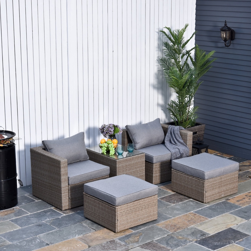 Outsunny 5 PCs Rattan Outdoor 2 Cushioned Single Sofa Chair Foot Stool Coffee Table Set