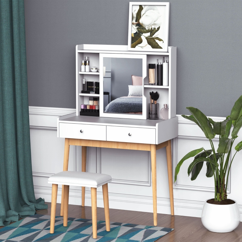 HOMCOM Vanity Table Set Dressing Table with 2 Drawers Cushioned Stool Makeup Table