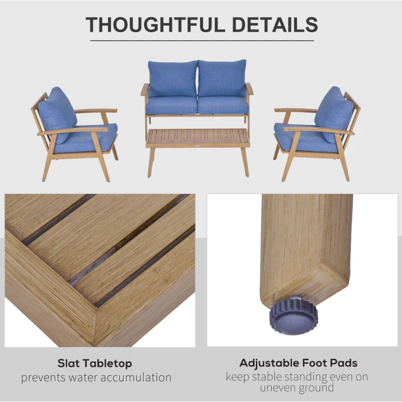 Outsunny 4-Piece Patio Furniture Set Outdoor Conversation Set with Coffee Table Loveseat Blue Cushions Aluminium Frame