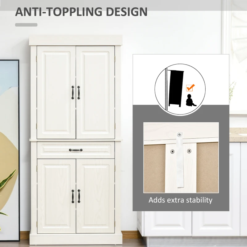 HOMCOM 71" Freestanding Kitchen Pantry Cabinet, Tall Storage Cabinet with 4 Doors and Drawer for Dining Room, Ivory