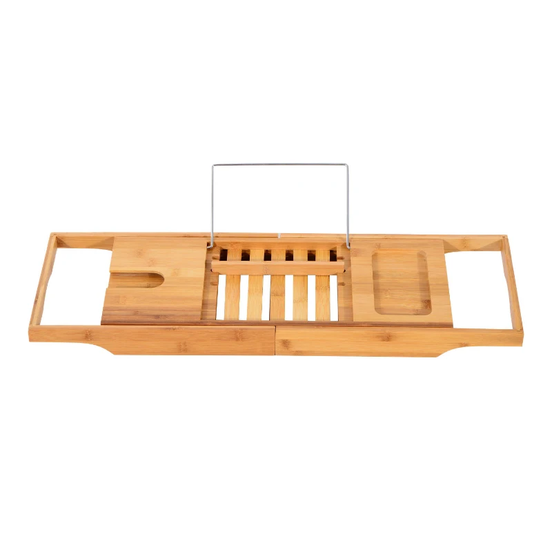 HOMCOM Bamboo Table, Caddy Shower Bath Shelf Bathtub, Expandable Luxury Tray Holder, for Soap Book Phone