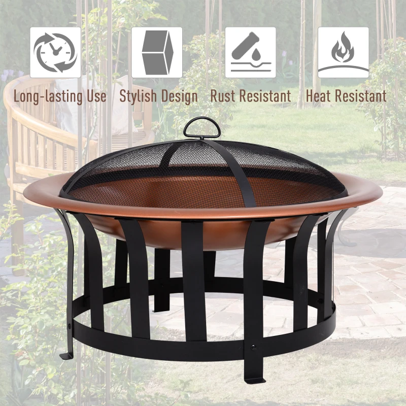 Outsunny 30" Steel Round Patio Fire Pit  Outdoor Wood Log Burning Heater with Log Grate, Poker, Mesh Cover & Water Resistant Cover Copper Color