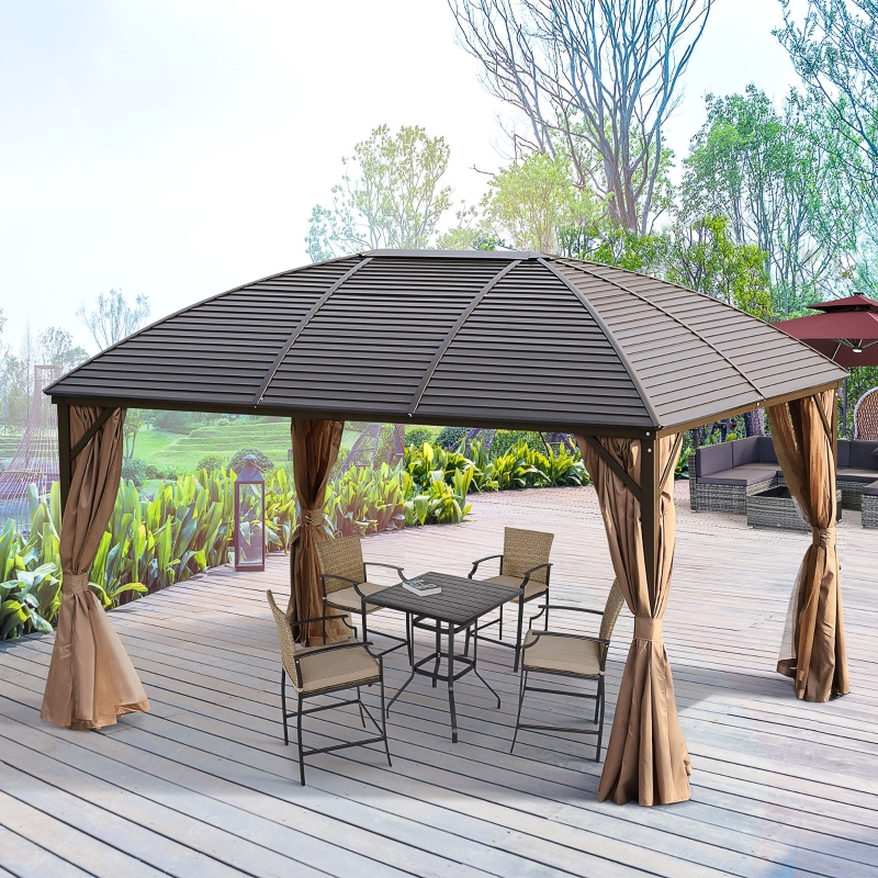 Outsunny 10' x 13' Hardtop Gazebo Aluminum Outdoor Canopy with Mesh Nettings, Practical Curtains, Arc Roof & Roomy Interior Space, Brown