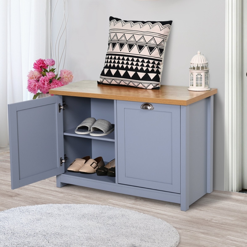 HOMCOM Shoe Cabinet Storage with Double Doors, Floor Storage Cabinet with 4 Compartments Storage Shelf Vintage Multifunction Bathrrom Entryway Furniture, Grey