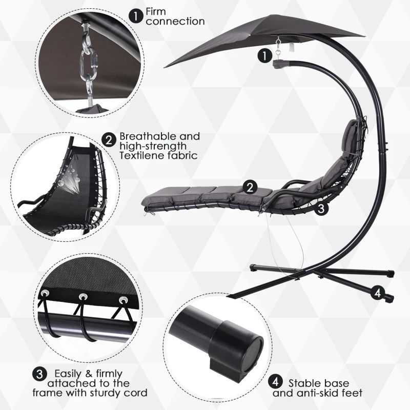 Outsunny Single Floating Chaise Lounge Curved Outdoor Porch Swing Chair Hanging Hammock Reclining Seat w/Arc Stand & Canopy Grey