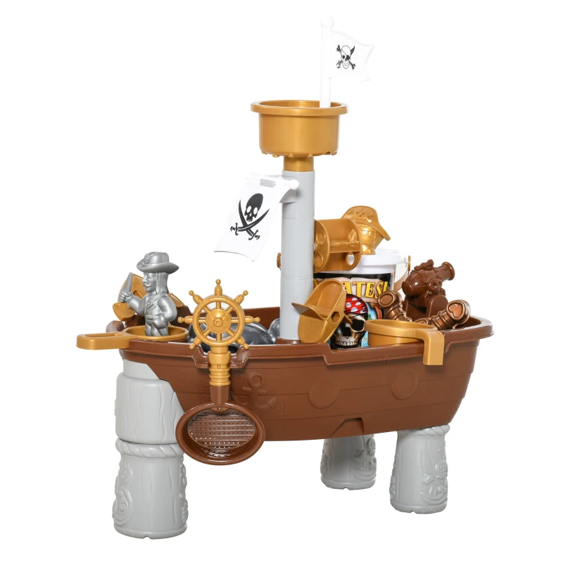Qaba Pirate Ship Theme Sand and Water Table Beach Toy Set 2 in 1 Outdoor Activities Playset for Kids with Accessories 26 Pcs Garden Sandpit Sandbox for Beach Bath 3 Years Old Toddlers