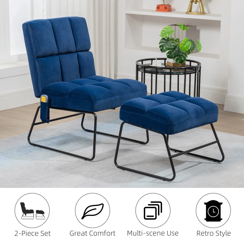HOMCOM Accent Chair with Ottoman, Velvet Club Chair with Vibration Massage, Remote Control and Metal Legs for Living Room, Bedroom, and Home Office, Blue