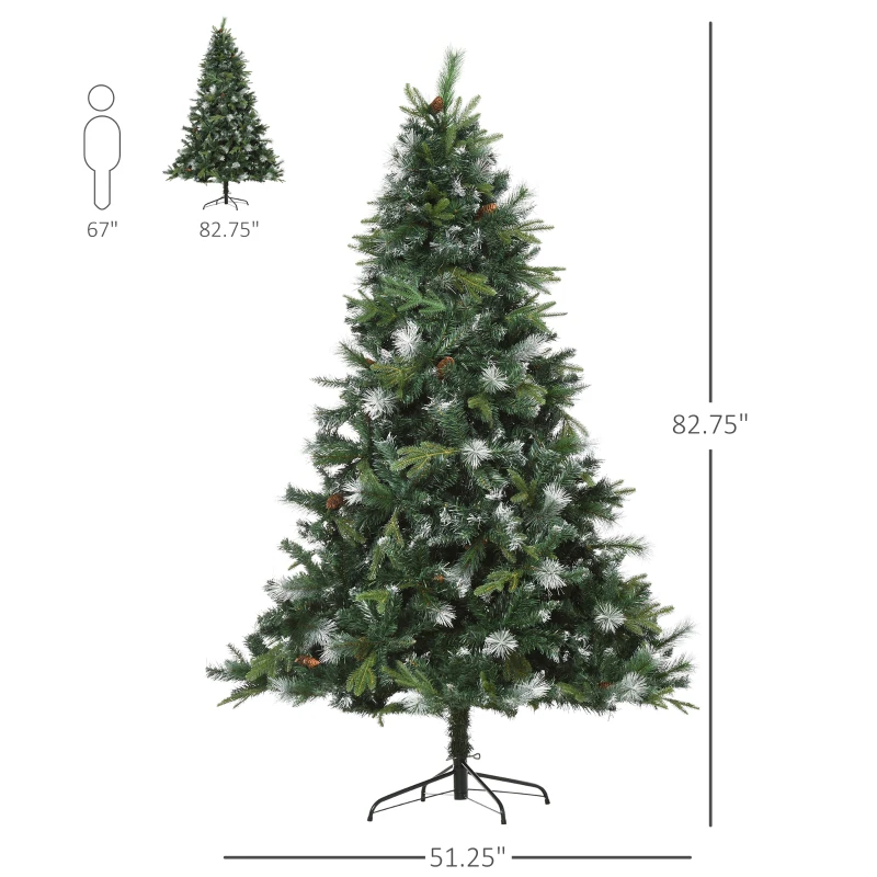 HOMCOM 6.9ft Artificial Christmas Tree Snow Tipped Tree with Pinecone Easy Assembly with Foldable Base Stand for Indoor Decoration Green