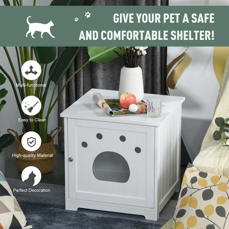 PawHut Wooden Cat Washroom Pet Litter Box Enclosure Kitten House Nightstand End Table Hideaway Cabinet with Magnetic Doors White