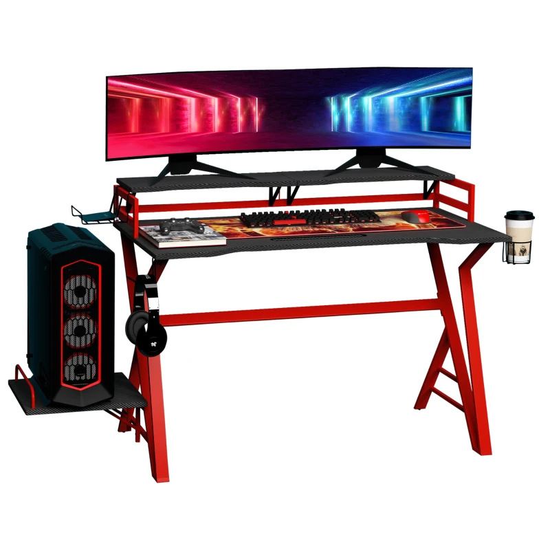 HOMCOM 47 inch Gaming Desk, Computer Table Workstation with Monitor Stand, Cup Holder, Headphone Hook & CPU Stand for Home Office, Black & Red
