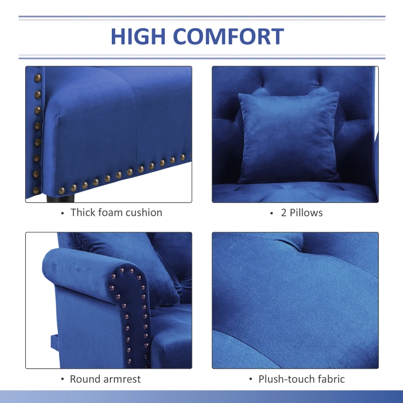 HOMCOM Modern Fabric Sectional Sofa Bed Set, Double Sofa and Chaise Lounge with Adjustable Backrest and 2 Removable Cushions, for Living Room Waiting Room, Blue