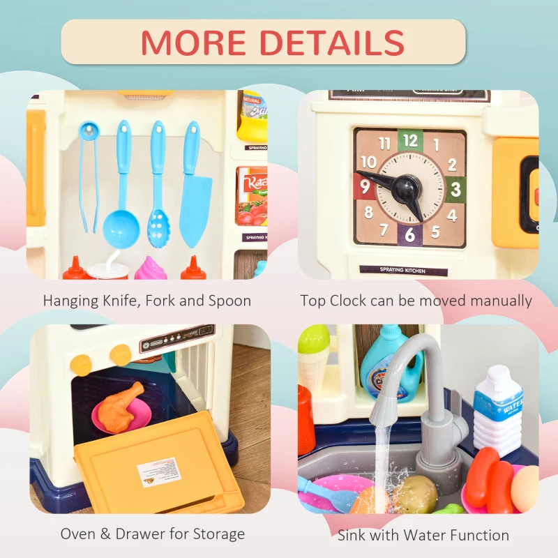 Qaba 64 PCS Kids Kitchen Role Play Cooking Toy Set, Educational Pretend Kitchen Playset Game, w/ Water Circulation, Spray, Music, Sound, Colorful Flashlight, for 3-6 Years Old, Beige+Blue