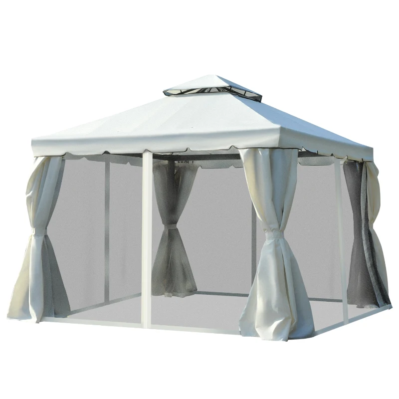 Outsunny 10x10ft Aluminum Gazebo Canopy Double -tire Garden Shelter with Mesh Netting and Privacy Curtains, Cream White