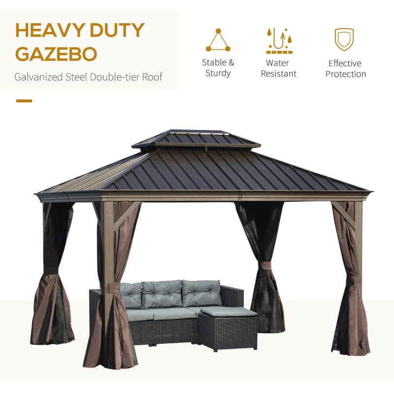 Outsunny 10' x 12' Outdoor Hardtop Gazebo with Galvanized Steel Canopy & Netting Sidewalls for Lawn, Backyard, Brown