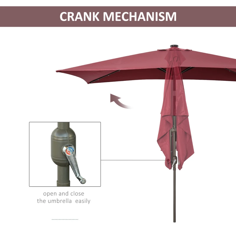 Outsunny 6.5x10ft Patio Umbrella Rectangle Solar Powered Tilt Aluminum Outdoor Market Parasol with LEDs Crank (Wine Red)