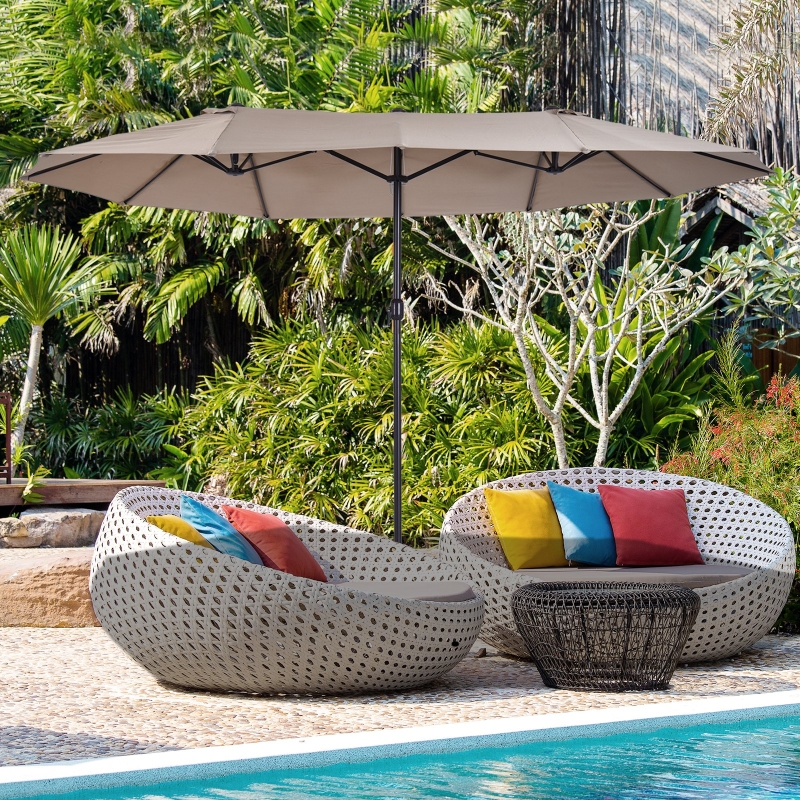 Outsunny 15' Outdoor Patio Umbrella with Twin Canopy Sunshade Steel Table Umbrella with Lift Crank Tan