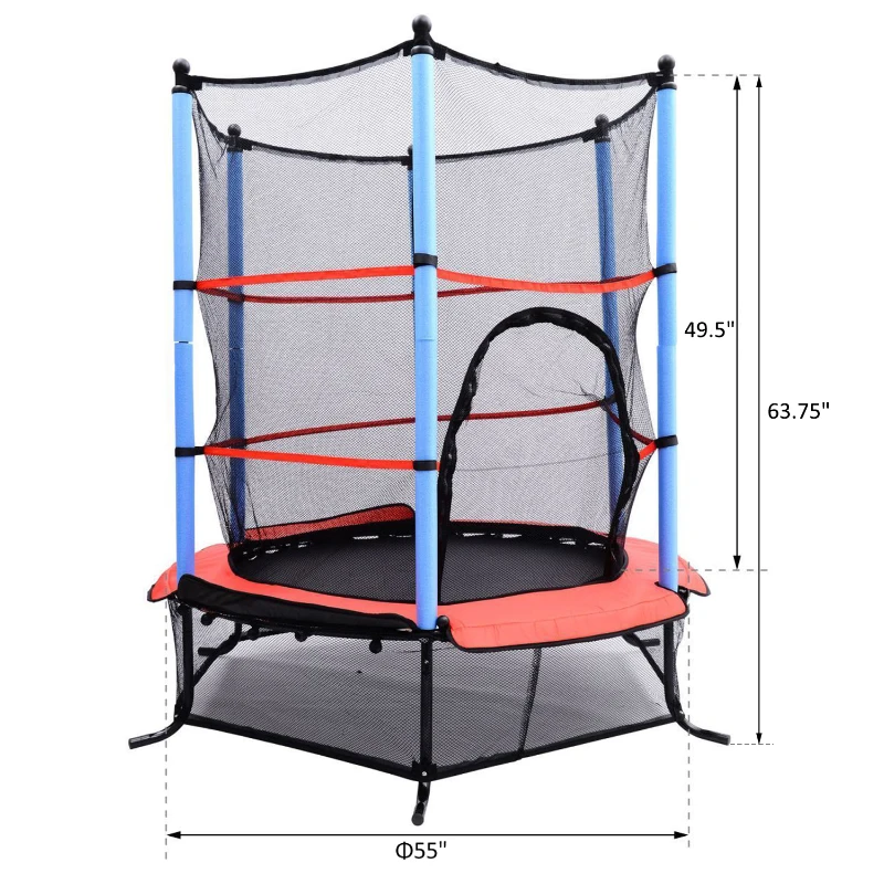 Qaba ⌀ 65" Kids Trampoline Indoor Outdoor with Safety Enclosure Net and Built-in Zipper Safety Pad, Toddler Trampoline Exercise Fitness Equipment for Children Age 3-10 Years Old