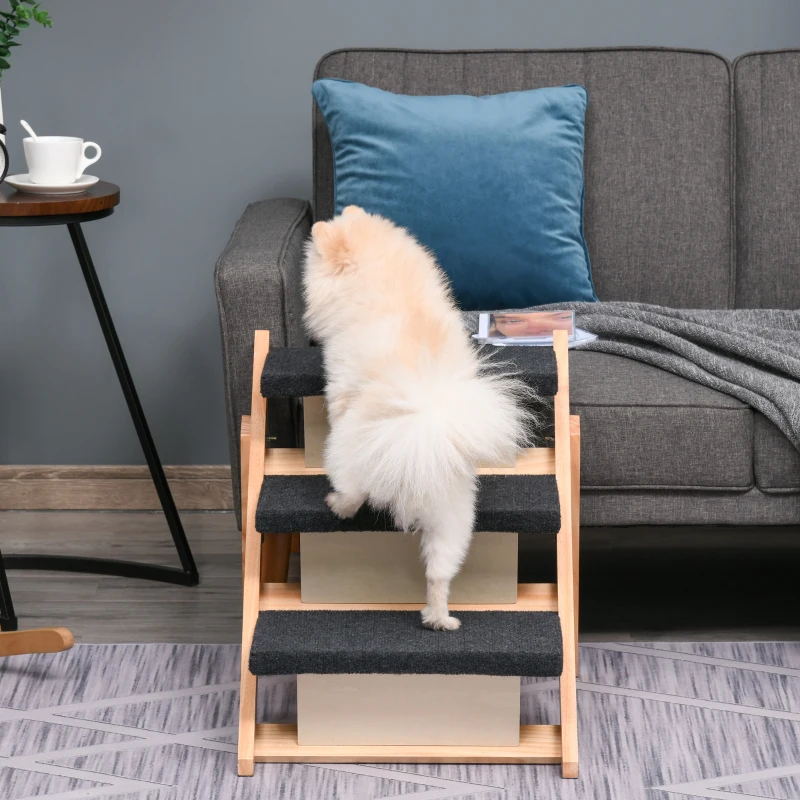 PawHut Wood Pet Stairs 2 In 1 Convertible Dog Steps and Carpeted Ramp Portable Foldable 3 Level Cat Ladder for High Bed Couch Car