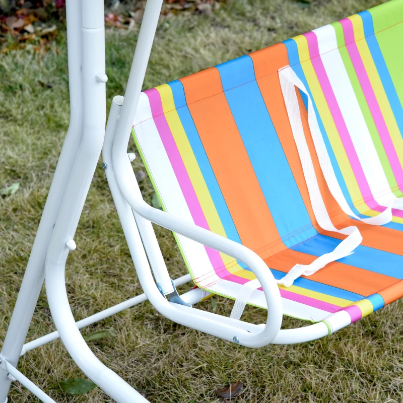 Outsunny Kids Porch Swing, Outdoor 2-Seat Children Patio Chair, Toddler Glider with Adjustable Canopy, Seat Belt for Garden Backyard Colorful Stripes