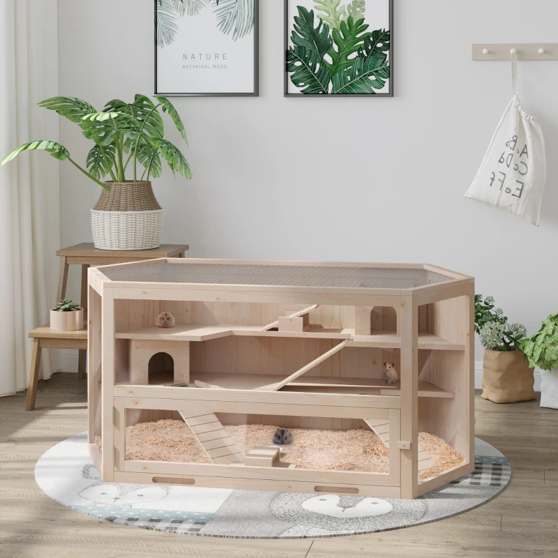 PawHut Fir Wood Large Hamster Cage Mouse Rats Small Animal Exercise Play House 3 Tier with Tray Seesaws Activity Center
