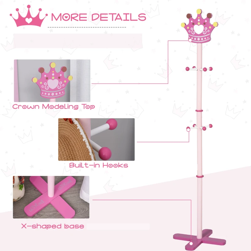 Qaba Kids Coat Rack Free Standing Wooden Tree Hanger with Crown Modeling Design 8 Hooks for Scarves Hats Clothes Bracelets Bags Gift for Toddler Girl Pink
