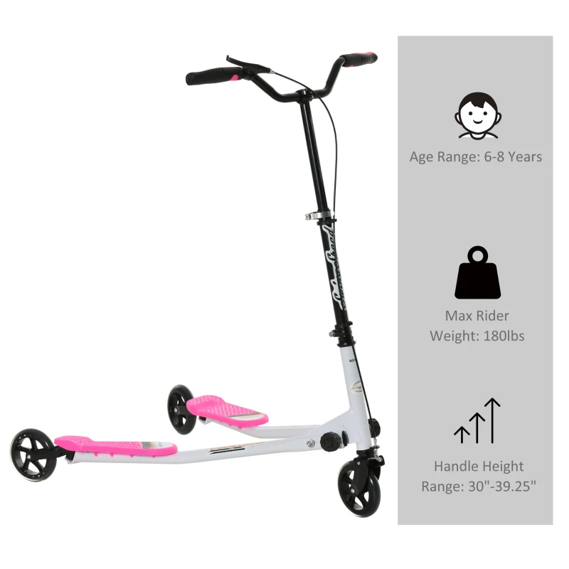Qaba Kids/Adult Drifting Scooter 3 Wheels Scooter Foldable Child Tri Speeder Slider Swing Drifter Winged Push Motion Kickboard Height Adjustable for Age 6+ Pink