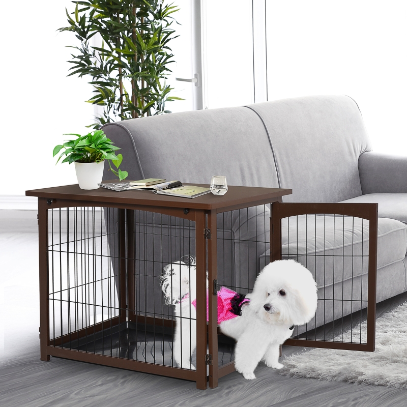 PawHut Wooden Decorative Dog Cage Pet Crate Fence Side Table Small Animal House