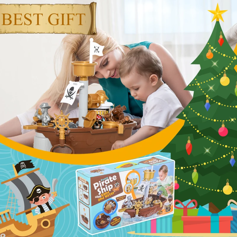 Qaba Pirate Ship Theme Sand and Water Table Beach Toy Set 2 in 1 Outdoor Activities Playset for Kids with Accessories 26 Pcs Garden Sandpit Sandbox for Beach Bath 3 Years Old Toddlers
