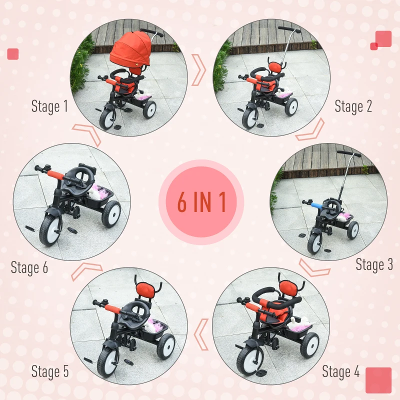 Qaba Baby Tricycle 2 In 1 Baby Stroller Kid Trike with Adjustable Canopy Red