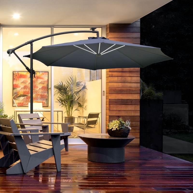 Outsunny 10ft Cantilever Solar Hanging Offset Umbrella LED Lights Market Parasol Crank w/Cross Blue