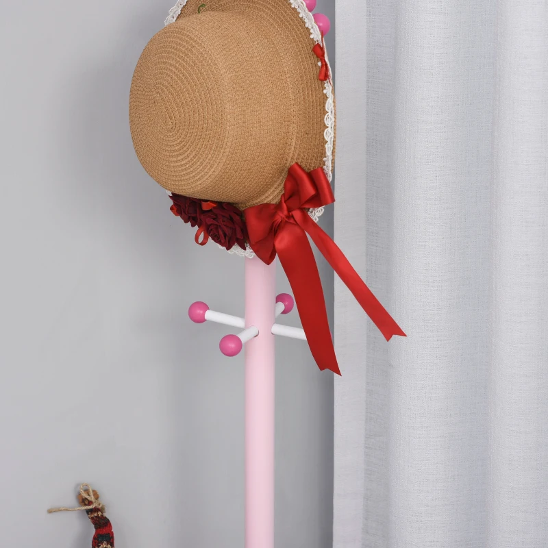Qaba Kids Coat Rack Free Standing Wooden Tree Hanger with Crown Modeling Design 8 Hooks for Scarves Hats Clothes Bracelets Bags Gift for Toddler Girl Pink